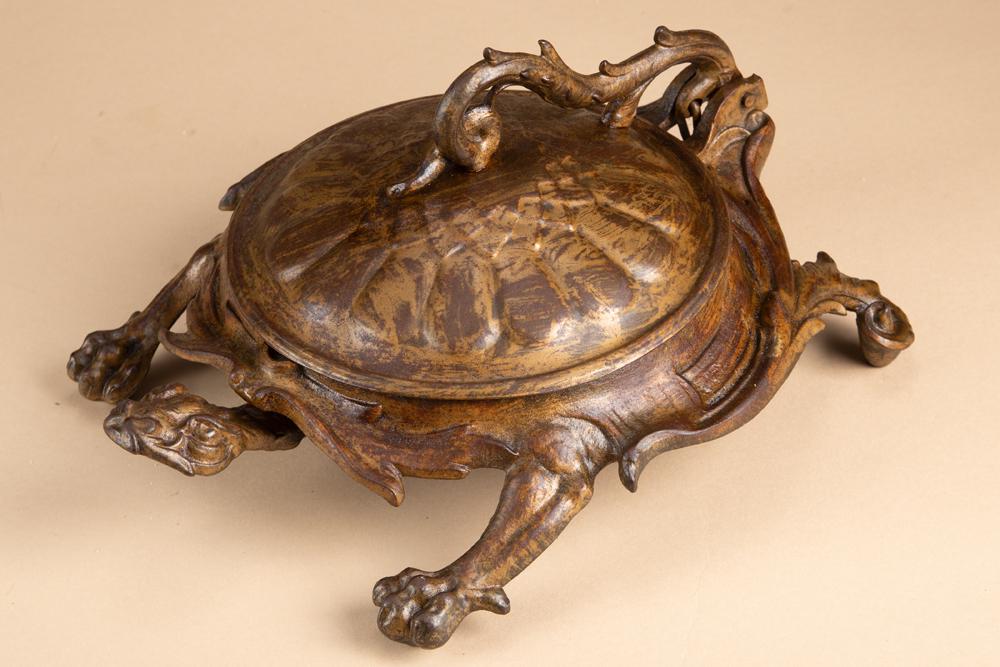 Antique Turtle Spittoon attributed to Bradley & Hubbard Foundry, #3162, one of the fancy models in a: Antique Turtle Spittoon attributed to Bradley & Hubbard Foundry, #3162, one of the fancy models in a most desirable style. Appears to have much of its original finish and patina, 11" long x 9" wide, w