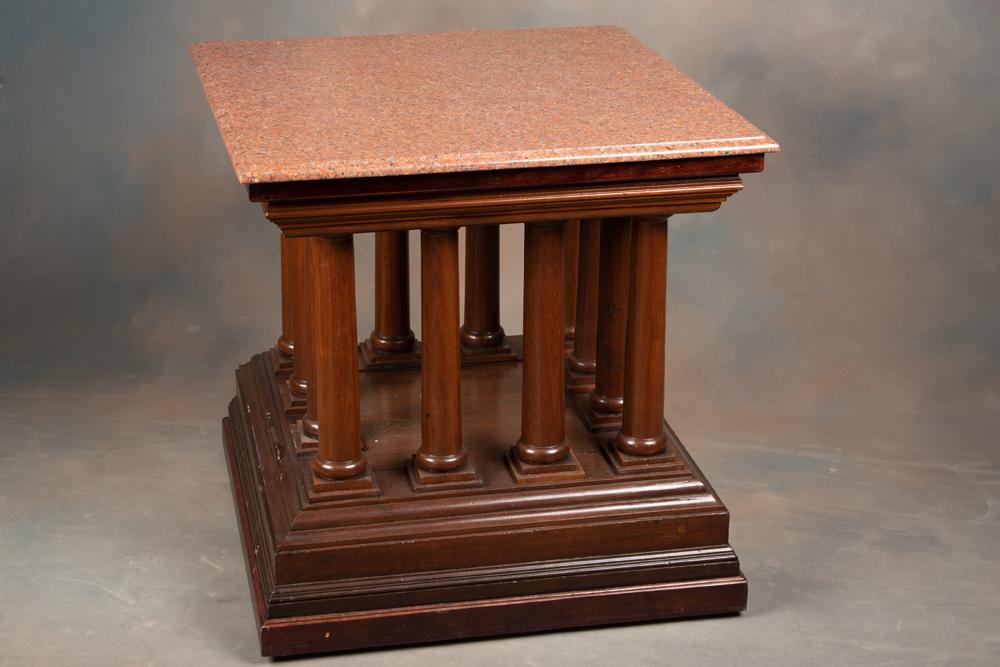 Antique walnut Pedestal, circa 1890-1900, with 12 columns (2 1/4") supporting marble top, top: Antique walnut Pedestal, circa 1890-1900, with 12 columns (2 1/4") supporting marble top, top measures 31" square x 30 1/2" tall with stair step molded base, nice condition. KING COLLECTION