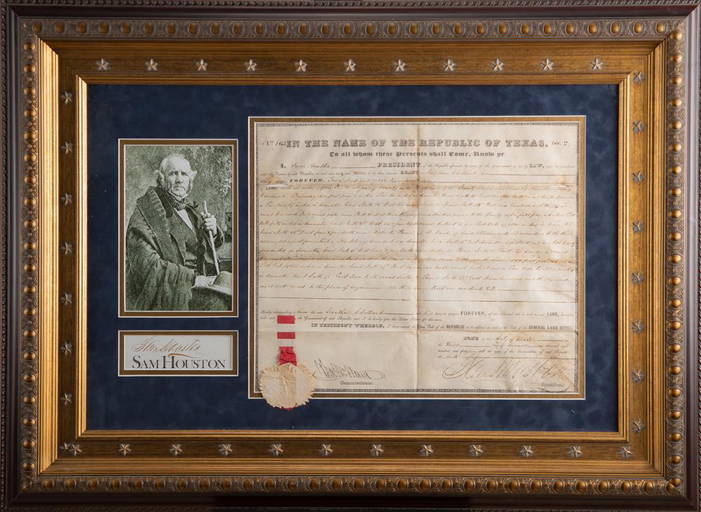 Sam Houston Signed, Framed Land Grant. Land Grant Was Presented To