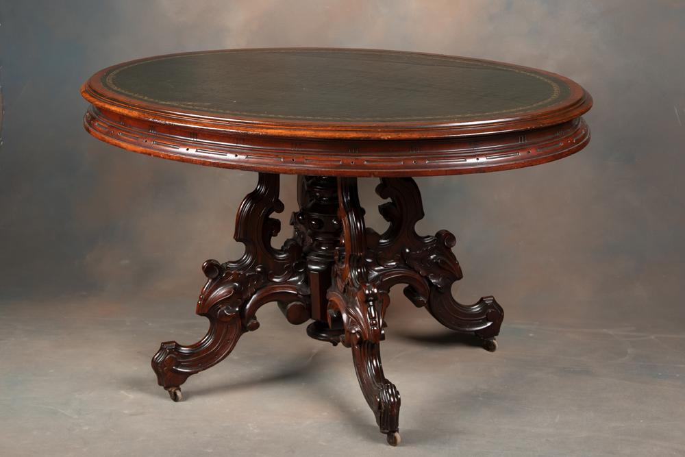 Magnificent Walnut Victorian oval Parlor Table, attributed to Thomas Brooks, (1811-1887), New York: Magnificent Walnut Victorian oval Parlor Table, attributed to Thomas Brooks, (1811-1887), New York cabinet maker. Brooks was known for making fine Bedroom Suites, Renaissance Revival style Tables, Boo