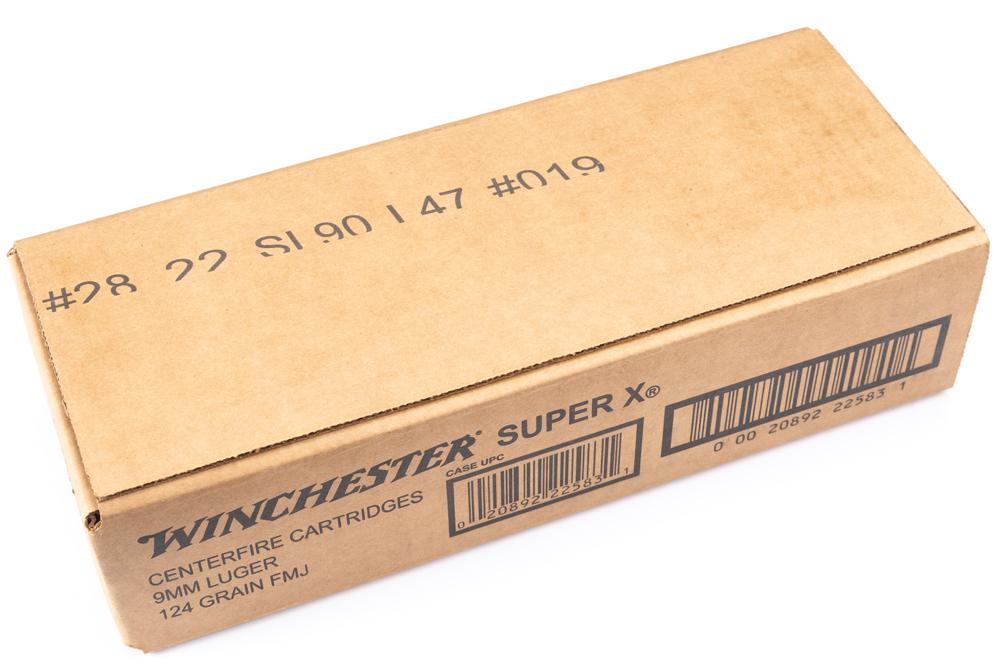 Unopened Case of Winchester 9mm Luger Ammunition, totaling 10 boxes with 50 rounds per box equal to: Unopened Case of Winchester 9mm Luger Ammunition, totaling 10 boxes with 50 rounds per box equal to 500 rounds. In a 124 grain bullet. This group will sell as one lot.