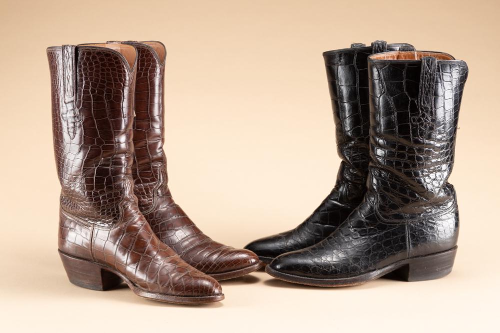 This lot will consist of two pair of Lucchese Alligator Boots, size 7 1/2, with alligator tops and: This lot will consist of two pair of Lucchese Alligator Boots, size 7 1/2, with alligator tops and bottoms, 13 1/2" tops, one brown pair, one black pair. Very good condition. Will be sold 2 X the bid.
