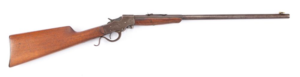 J.C. Stevens Single Shot Breech Loading Rifle, .32 L caliber, SN R571, 20" part round, part octagon: J.C. Stevens Single Shot Breech Loading Rifle, .32 L caliber, SN R571, 20" part round, part octagon barrel, shows little finish with balance being dark brown patina, good wood, showing minor handling 