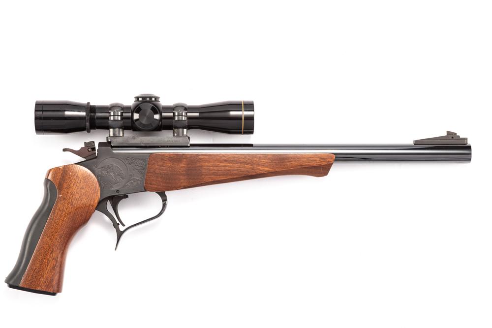 Thompson Contender Super 14 Pistol, SN 387972, with super 14Ó barrel in desirable .222 REM: Thompson Contender Super 14 Pistol, SN 387972, with super 14Ó barrel in desirable .222 REM caliber, topped with a factory Leupold M8 handgun scope in 4X, with Leupold mount and rings, wood forear