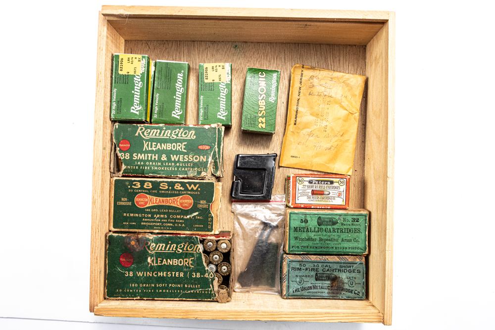 This lot will consist of the following items: (1) Five partial boxes of Remington .22 Short & Long: This lot will consist of the following items: (1) Five partial boxes of Remington .22 Short & Long Rifle Cartridges. (2) Two boxes of vintage Remington .38 S&W caliber Cartridges. One box of .38/40 ca