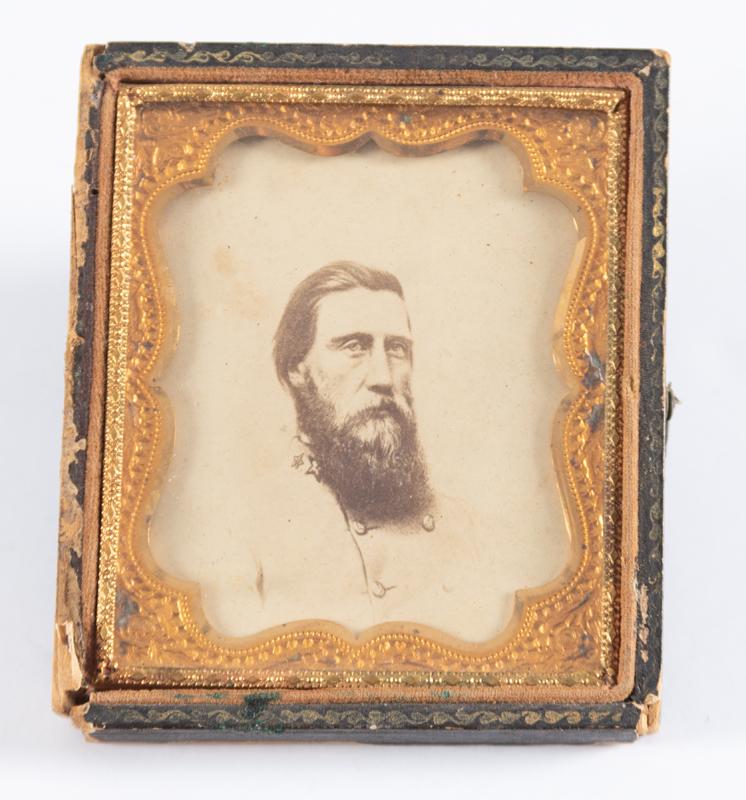 Vintage cased CDV of General John Hood, Hoods Brigade, frame measures 3 1/4" x 3 3/4", beautiful: Vintage cased CDV of General John Hood, Hoods Brigade, frame measures 3 1/4" x 3 3/4", beautiful gold trim matte, case is fragile. COLLECTION OF DR. MARCIAL LEWIN.