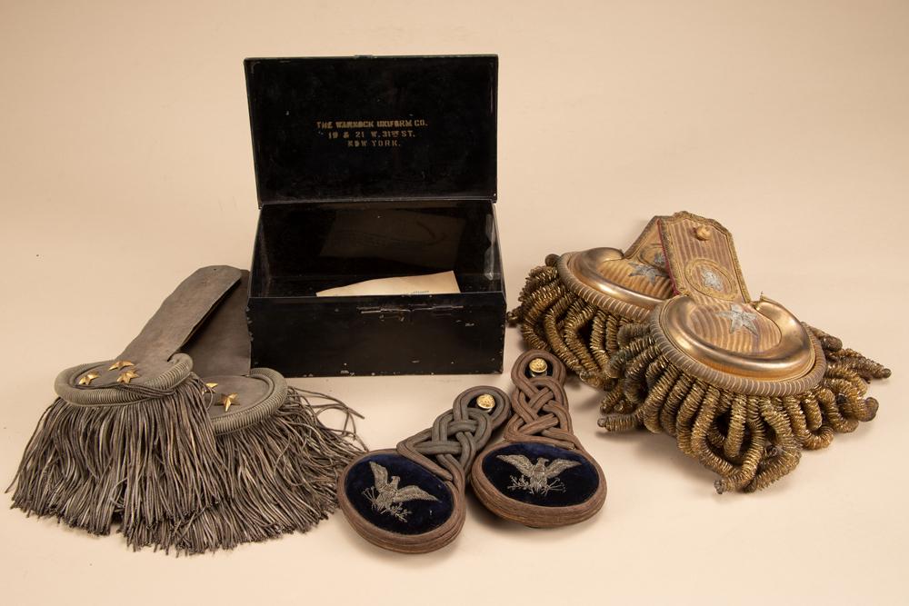 This lot consists of the following three pairs of Epaulets in a tin box to include: (1) One pair of: This lot consists of the following three pairs of Epaulets in a tin box to include: (1) One pair of silver bullion Mexican Army Officers Epaulets with three gold stars. Sterling silver button with "R.