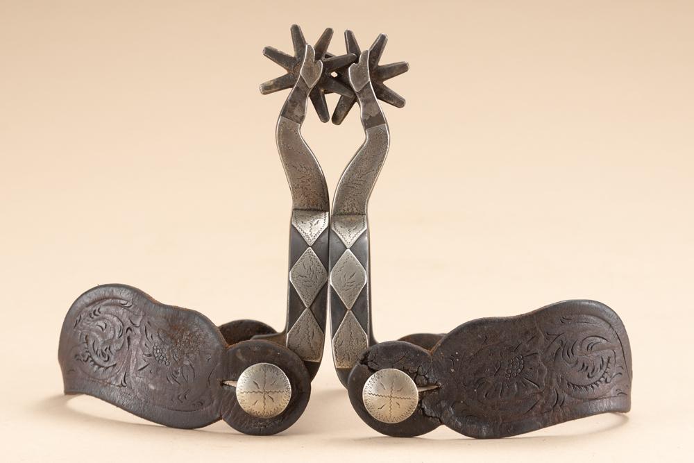 Pair of inside marked "Crockett" Spurs, double mounted gal legs with diamond pattern, etched fixed: Pair of inside marked "Crockett" Spurs, double mounted gal legs with diamond pattern, etched fixed buttons. Sold with a pair of fragile vintage straps.