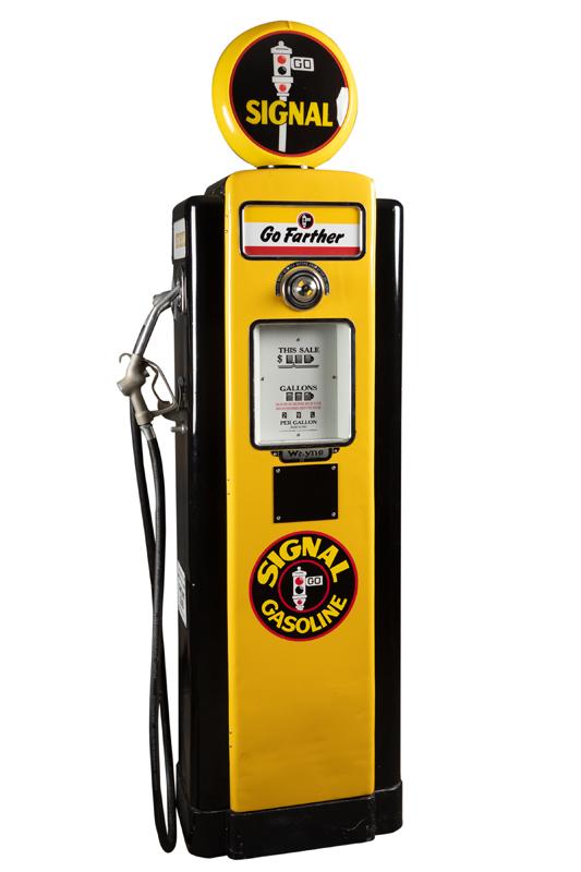 Fully restored Gas Pump marked "Signal Gasoline", complete with interior works, 88" tall to top of: Fully restored Gas Pump marked "Signal Gasoline", complete with interior works, 88" tall to top of replacement globe x 24" wide x 17" deep, great eye appeal, great colors. Pump was made by "Wayne, Ft.
