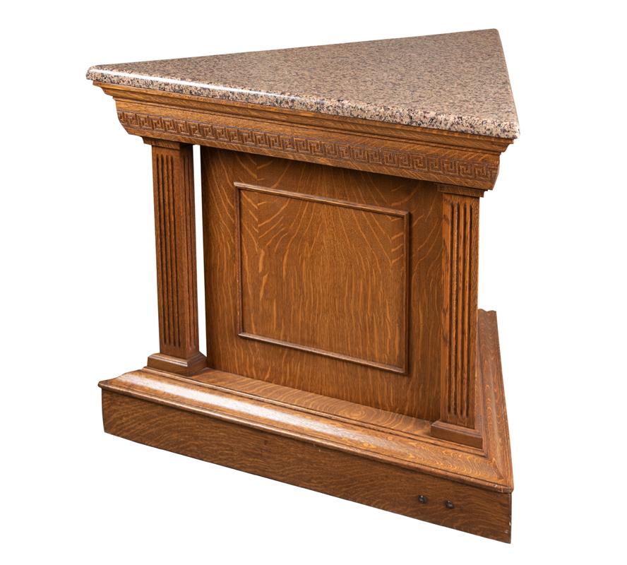 Beautiful antique quarter sawn oak triangular shaped Pedestal with polished granite top, circa 1900.: Beautiful antique quarter sawn oak triangular shaped Pedestal with polished granite top, circa 1900. In excellent finish and condition on all 3 sides, so pedestal could be set in the middle of a room.