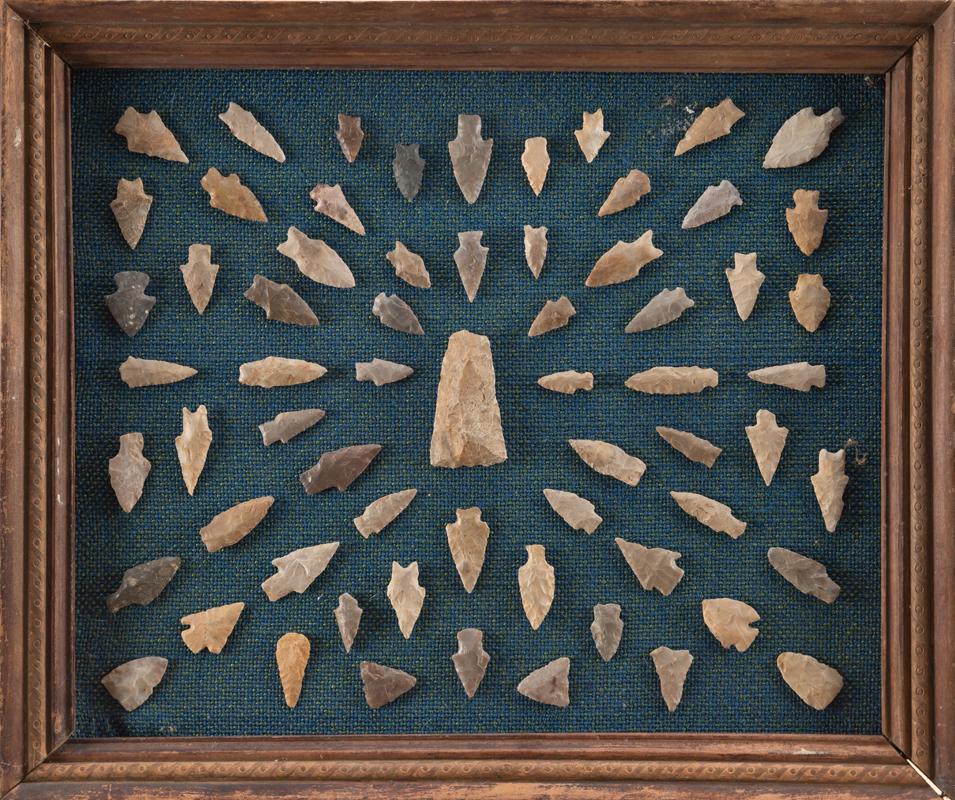 Framed collection of Arrowheads and Flint from the Dr. M. Lewin Collection, most were found in the: Framed collection of Arrowheads and Flint from the Dr. M. Lewin Collection, most were found in the Hamilton/Comanche area, totaling approximately 65 points.