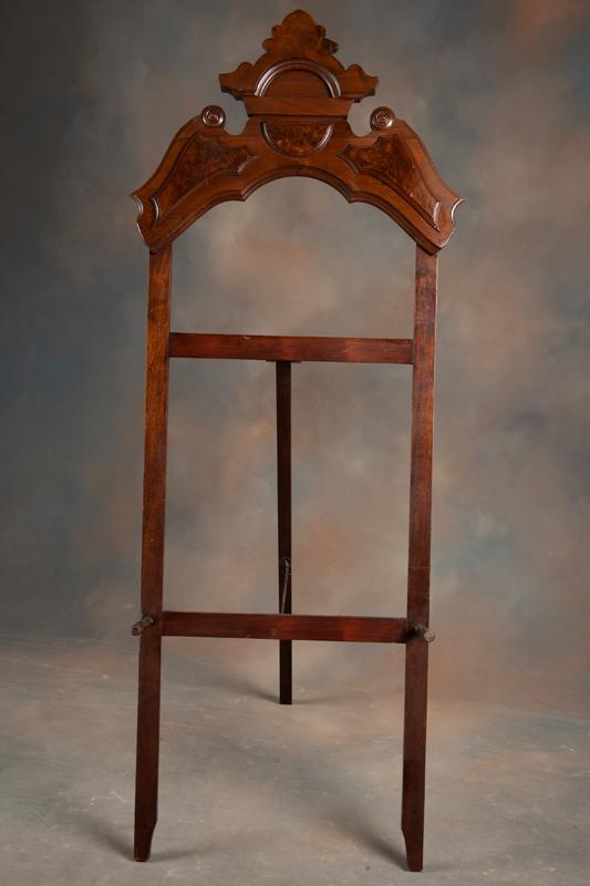 Antique walnut Victorian Easel with carved crest and burl walnut trim. Easel measures 67 1/2" tall.: Antique walnut Victorian Easel with carved crest and burl walnut trim. Easel measures 67 1/2" tall. KING COLLECTION