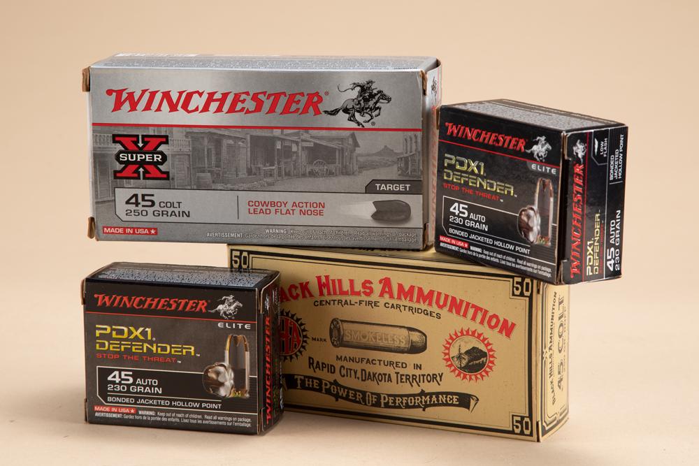 This lot consists of four factory boxes of .45 caliber Ammunition totaling 140 rounds. Three boxes: This lot consists of four factory boxes of .45 caliber Ammunition totaling 140 rounds. Three boxes are by Winchester, one box is by Black Hills Ammunition. Will be sold as one lot.