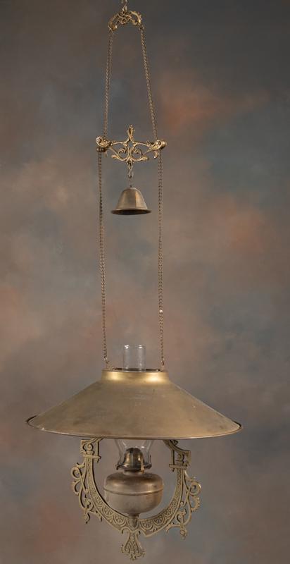 Brass antique and cast iron Saloon Lamp Fixture, circa 1890s, 18" diameter shade with ornate hanger: Brass antique and cast iron Saloon Lamp Fixture, circa 1890s, 18" diameter shade with ornate hanger and oil font. Appears to be in original finish and condition. Can be adjusted to different heights, 