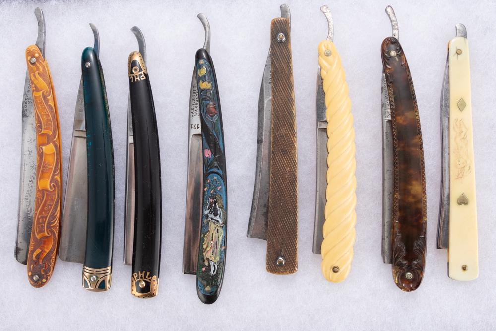 Collection of 8 vintage Straight Razors: Some with embossed celluloid handles, some smooth handles: Collection of 8 vintage Straight Razors: Some with embossed celluloid handles, some smooth handles with brass tips, one with cherub and hearts. Some are made by H. Boker & Co., Simmons Hardware Co., S