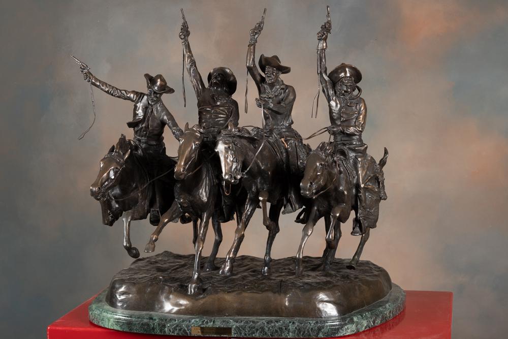 Magnificent large Western Bronze marked "Frederick Remington / #39/100", done by the noted Henry: Magnificent large Western Bronze marked "Frederick Remington / #39/100", done by the noted Henry Bernard Foundry, titled "Coming Through The Rye". This exact bronze has sat in the entrance of The Firs