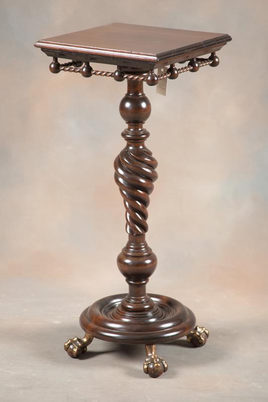 Antique Hunzinger mahogany Bronze / Plant Stand, circa 1890-1900, with unique brass and wooden ball: Antique Hunzinger mahogany Bronze / Plant Stand, circa 1890-1900, with unique brass and wooden ball feet, spiral column supporting a 14" square top with stick and ball skirt. Stand measures 32 1/2" T.