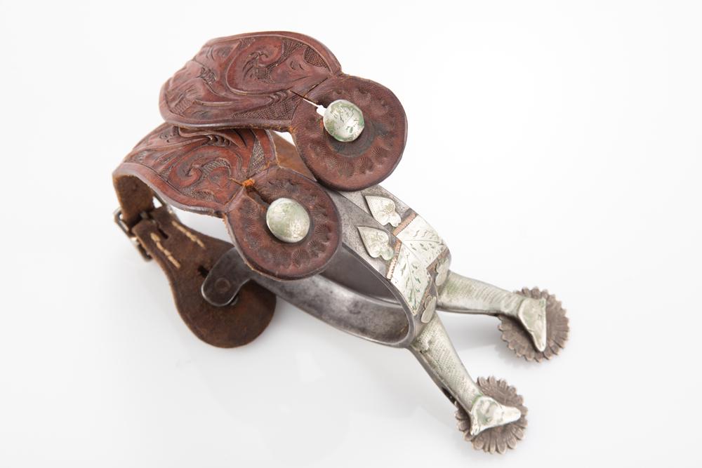 Unique pair of vintage double mounted horse head Spurs, no maker mark visible, nice pair with: Unique pair of vintage double mounted horse head Spurs, no maker mark visible, nice pair with two-piece tooled straps. KING COLLECTION