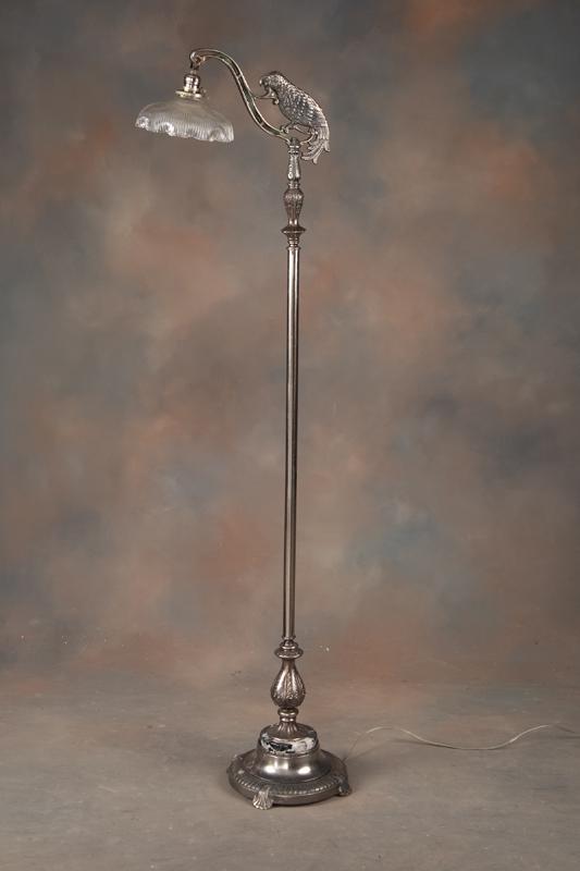 Antique Goose Neck Floor Lamp, circa 1920s, with marble footed base and full embossed Parrott: Antique Goose Neck Floor Lamp, circa 1920s, with marble footed base and full embossed Parrott holding lamp at top. Lamp measures 5 ft. 3 1/2" T, very nice overall condition, fine quality. KING COLLECT
