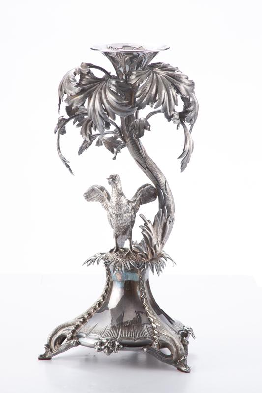 Beautiful Victorian style silver Candle Stick with fully engraved pheasant and foliage, 15" T x 7": Beautiful Victorian style silver Candle Stick with fully engraved pheasant and foliage, 15" T x 7" across on tri-footed base. From an early prominent Waco Estate.