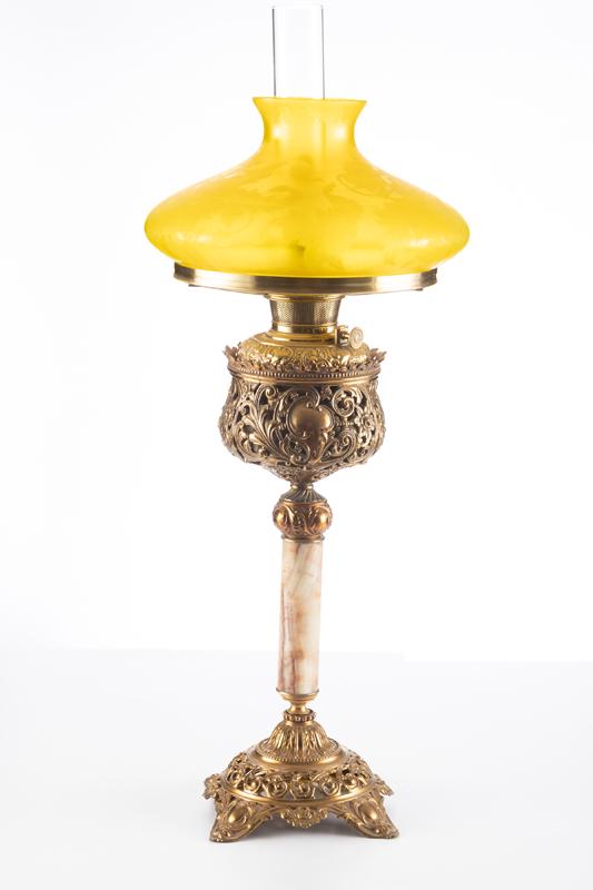 Antique "Bradley & Hubbard" marked brass & onyx Banquet Lamp, circa 1880s-1890s, with pierced: Antique "Bradley & Hubbard" marked brass & onyx Banquet Lamp, circa 1880s-1890s, with pierced filigree footed base and font, original rare vintage etched bulbous yellow shade. Lamp has been profession