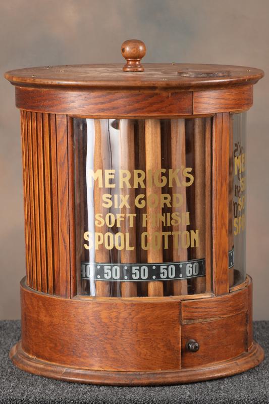 Antique oak curved glass country store counter top model Merrick's Six Cord Soft Finish Spool Cotton: Antique oak curved glass country store counter top model Merrick's Six Cord Soft Finish Spool Cotton Cabinet with revolving center. Cabinet measures 20" T x 18" diameter. Has original gold stenciling.