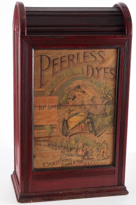 Unique antique country store roll front Dyes Cabinet by Peerless. In original paint with four: Unique antique country store roll front Dyes Cabinet by Peerless. In original paint with four original storage shelves when roll top is lifted. One side of the cabinet has paper label marked, "N. Spen