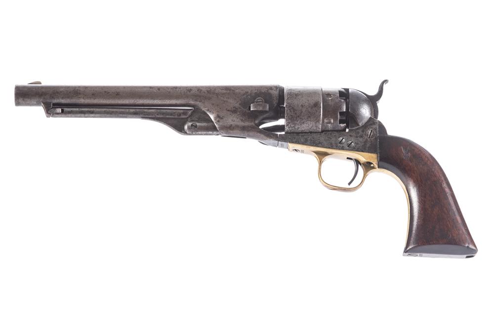 Colt Model 1860 Army Revolver, .44 caliber, SN 59578, 7 1/2" barrel, three screw frame, cut for: Colt Model 1860 Army Revolver, .44 caliber, SN 59578, 7 1/2" barrel, three screw frame, cut for shoulder stock. Serial number is on the barrel lug, frame, trigger guard, arbor, wedge, and cylinder. Re
