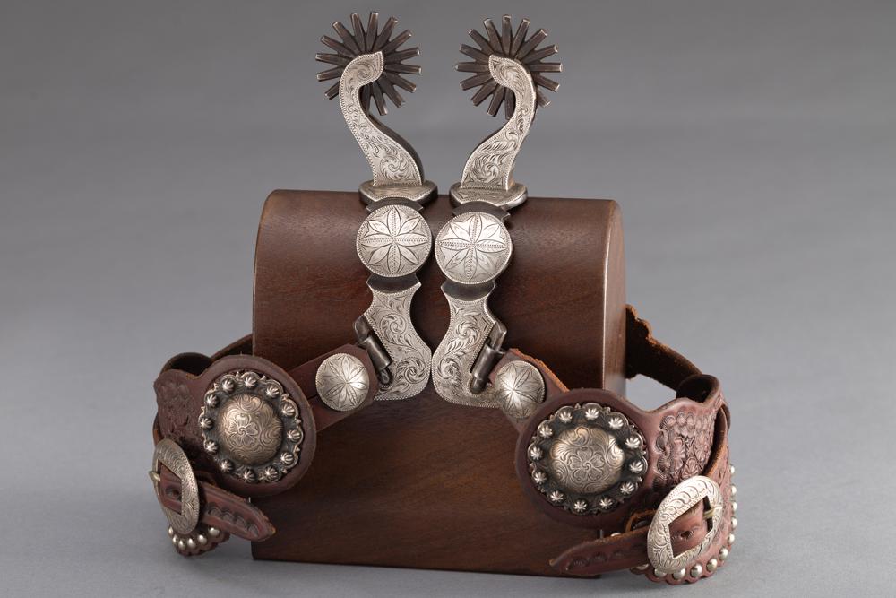 Pair of sterling mounted, double mounted Spurs by the late Lipscomb, Texas Bit and Spur Maker Wayne: Pair of sterling mounted, double mounted Spurs by the late Lipscomb, Texas Bit and Spur Maker Wayne Paul, (#501), goose neck shanks with 1 3/4" multi-point rowels. A fancy pair with two-piece Buddie F