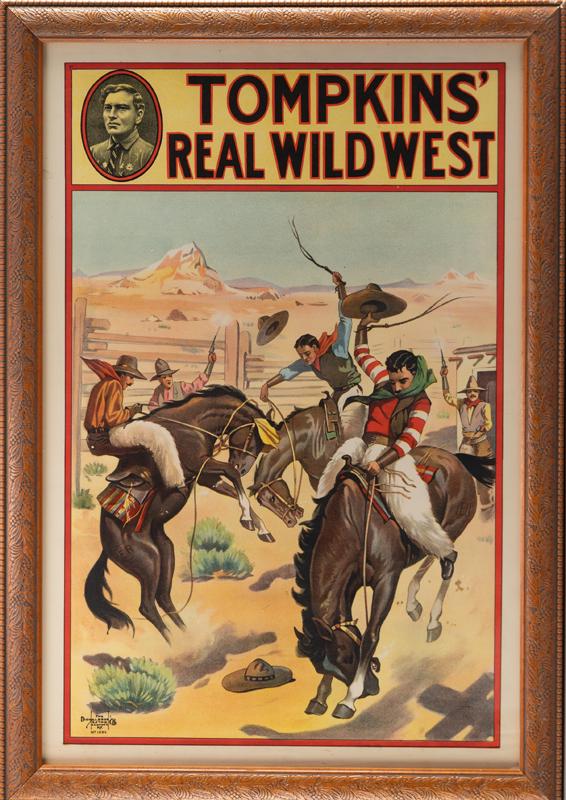 Vintage framed Wild West color Lithograph advertising "Tompkins' Real Wild West", marked at lower: Vintage framed Wild West color Lithograph advertising "Tompkins' Real Wild West", marked at lower left "The Donaldson Litho. Co., Newport, Ky., No 1894". Scene is of Cowboys. Frame measures 23" x 33".