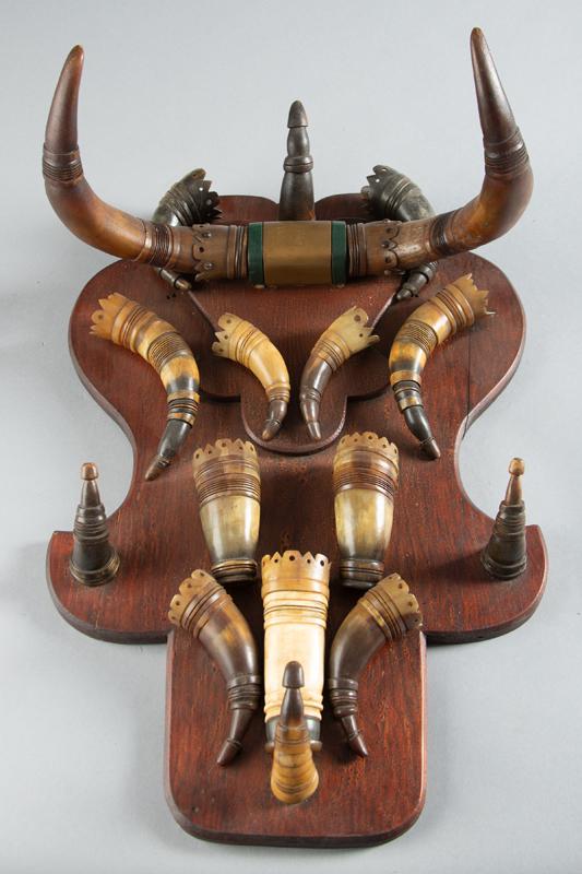 Early Bunk House Hanging Hat Rack, circa 1890s with matching hand carved steer horns showing nice: Early Bunk House Hanging Hat Rack, circa 1890s with matching hand carved steer horns showing nice aged yellow patina, original varnish. Rack measures 15 1/2" W x 23" T. Appears to be 100% original.