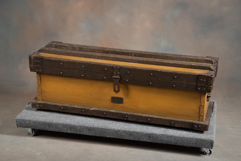 Antique Vandeman Railway Express Shipping Trunk, metal with wooden trim, iron corners, iron handles,: Antique Vandeman Railway Express Shipping Trunk, metal with wooden trim, iron corners, iron handles, circa 1900, with hasp, with brass label marked "Mfg. by the Vandeman Co., Willimantic, Conn., Paten