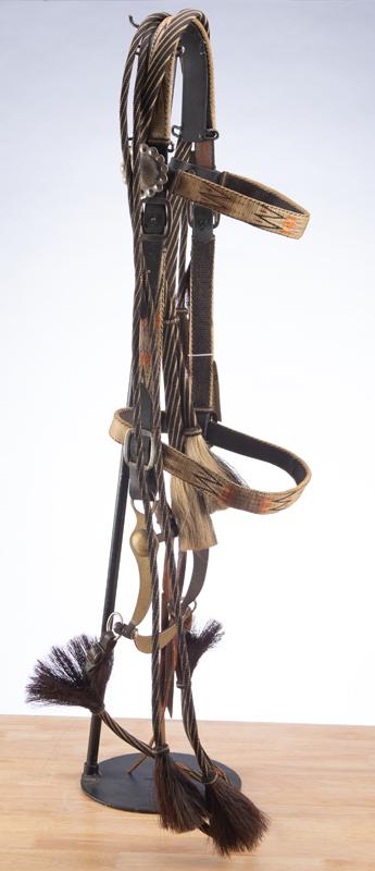 Vintage prison made multi-color braided horse hair Bridle with Reins, possibly Walla Walla Prison: Vintage prison made multi-color braided horse hair Bridle with Reins, possibly Walla Walla Prison made, complete with engraved iron Bit with silver overlay, and 8 horsehair tassels. Overall condition 