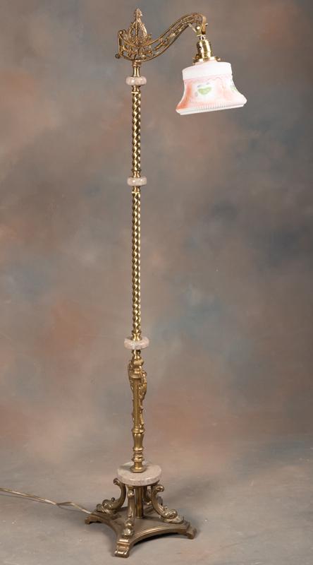 Very ornate antique brass and marble Bridge Lamp, circa 1920s, with heavy ornate brass base, dolphin: Very ornate antique brass and marble Bridge Lamp, circa 1920s, with heavy ornate brass base, dolphin supports and matching embossed dolphins at top. Classy spiral brass tubing center with original 6 1