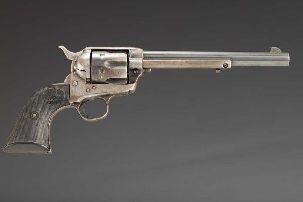 Colt Single Action Army Revolver, SN 191612, manufactured circa 1899. This is a .38/40 caliber,: Colt Single Action Army Revolver, SN 191612, manufactured circa 1899. This is a .38/40 caliber, 6-shot revolver with a 7 1/2” barrel, blue finish and rubber stocks. The serial number matches on