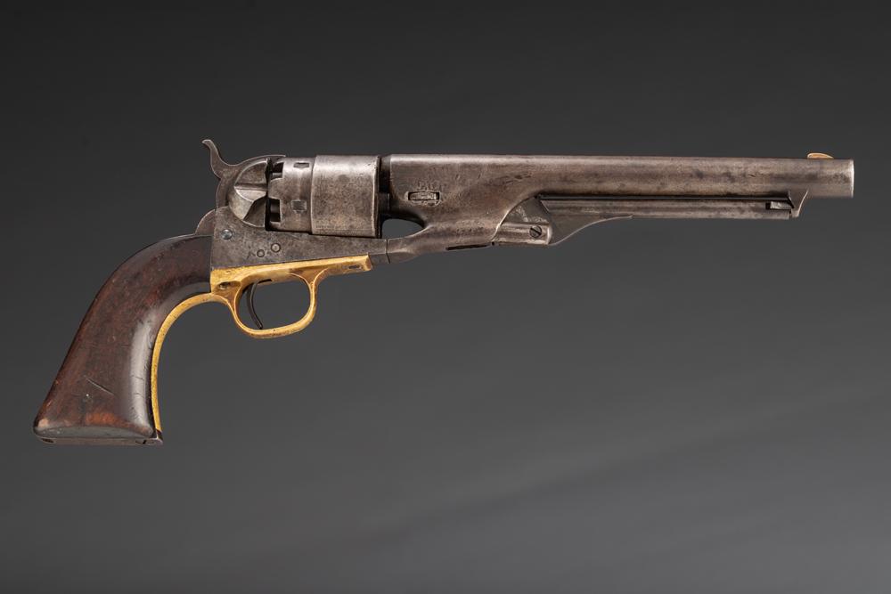 Antique Colt 1860 Army Revolver, SN 113892. This is a .44 caliber percussion, 6-shot revolver with: Antique Colt 1860 Army Revolver, SN 113892. This is a .44 caliber percussion, 6-shot revolver with an 8” barrel and wood stocks. There is no original finish remaining. There are remnants of cyli