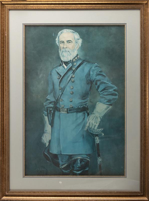 Large framed Lithograph of Confederate General Robert E. Lee by J.M. Garner marked lower left and: Large framed Lithograph of Confederate General Robert E. Lee by J.M. Garner marked lower left and hand signed J.M. Garner in lower portion of his jacket. Bright colors, excellent condition, gold frame