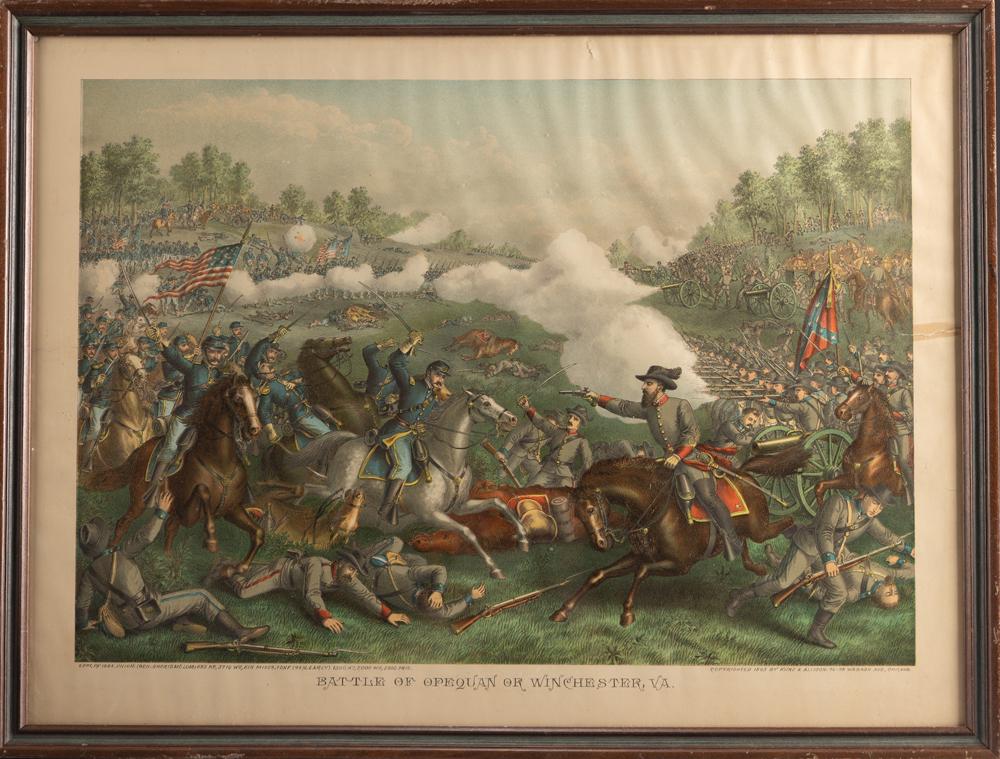 Framed color Lithograph marked in lower right corner "Copyrighted 1891 by Kurz & Allison Art: Framed color Lithograph marked in lower right corner "Copyrighted 1891 by Kurz & Allison Art Publishers 76 & 78 Wabash Ave., Chicago." titled "Battle of Opequan or Winchester, VA.". Marked at lower le