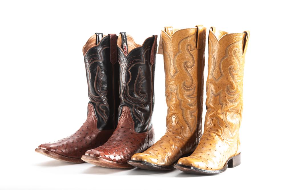 THIS LOT WILL BE SOLD TWO PAIRS 2 X YOUR BID, MEANING YOUR FINAL BID WILL BE MULTIPLIED BY 2. (1): THIS LOT WILL BE SOLD TWO PAIRS 2 X YOUR BID, MEANING YOUR FINAL BID WILL BE MULTIPLIED BY 2. (1) Rios of Mercedes full quill ostrich Boots, near new condition, size 10. (2) Pair of L.M. Easterling, E