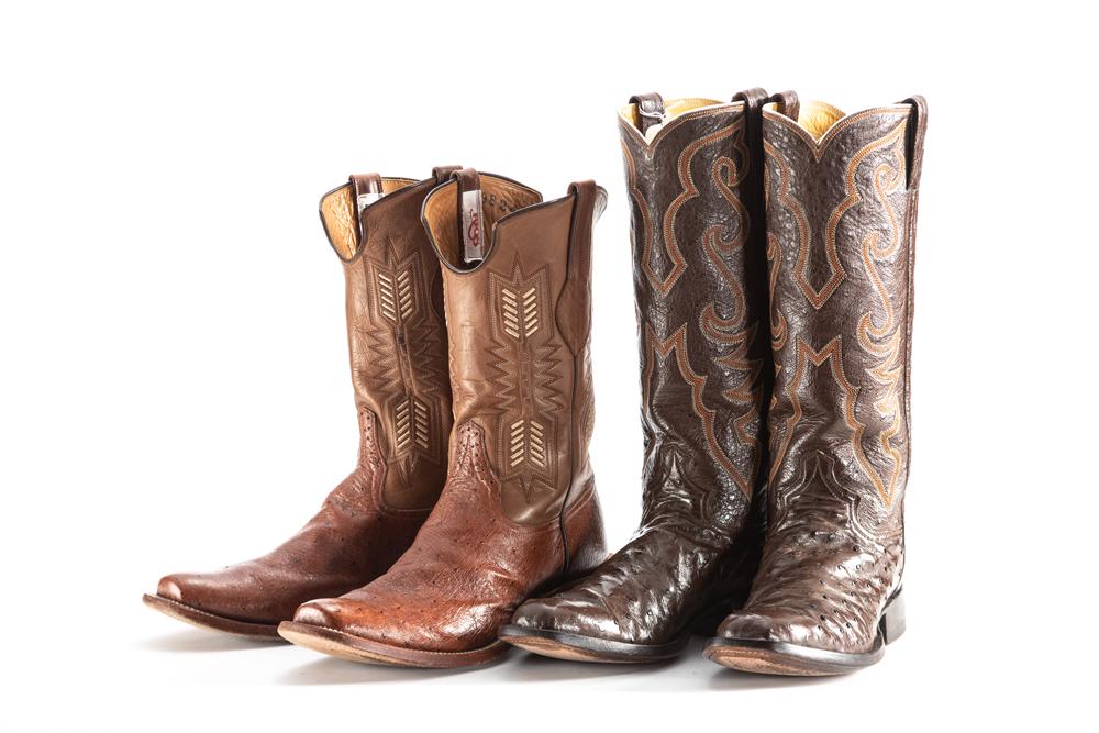 THIS LOT WILL BE SOLD TWO PAIRS 2 X YOUR BID, MEANING YOUR FINAL BID WILL BE MULTIPLIED BY 2. (1): THIS LOT WILL BE SOLD TWO PAIRS 2 X YOUR BID, MEANING YOUR FINAL BID WILL BE MULTIPLIED BY 2. (1) Pair of L.M. Easterling, El Paso, Texas dark brown tall top full quill ostrich Boots, very good condit