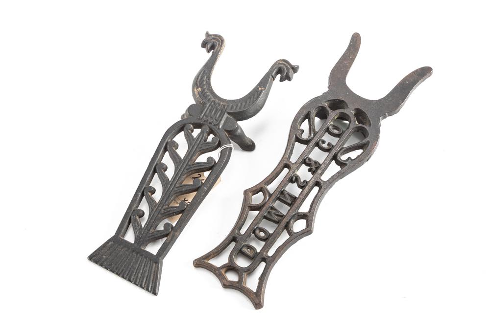 THIS LOT WILL BE SOLD 2 X THE BID, MEANING YOUR FINAL BID WILL BE MULTIPLIED BY 2. (1) Embossed: THIS LOT WILL BE SOLD 2 X THE BID, MEANING YOUR FINAL BID WILL BE MULTIPLIED BY 2. (1) Embossed Victorian cast iron Boot Jack, circa 1890-1910, advertising "Downs and Co.", 13 1/2" L, nice original pa