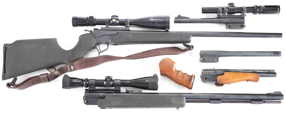 Thompson Encore Single Shot Rifle, .25/06 Remington caliber, SN 24389, 26" round barrel with black: Thompson Encore Single Shot Rifle, .25/06 Remington caliber, SN 24389, 26" round barrel with black composite stock and forend. Mounted with a Nikon Monarch Scope. Complete with swivels and carry strap