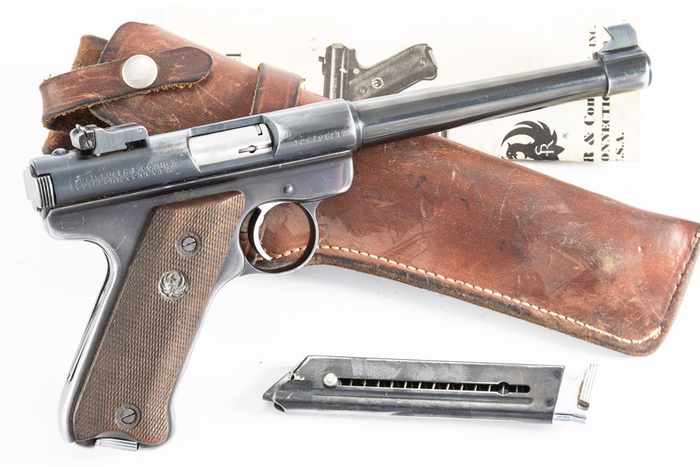 Ruger Mark I Semi-Automatic Pistol, .22 LR caliber, SN 14-79821, blue finish showing some light: Ruger Mark I Semi-Automatic Pistol, .22 LR caliber, SN 14-79821, blue finish showing some light thinning on receiver, back strap and muzzle, 6 3/4" barrel, mechanically sound, walnut checkered thumb r