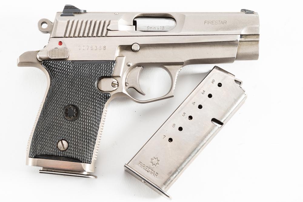 Inter Arms Semi-Automatic Pistol Model Star, 9 mm x 19, SN 2079368, satin finish, 3" barrel, overall: Inter Arms Semi-Automatic Pistol Model Star, 9 mm x 19, SN 2079368, satin finish, 3" barrel, overall good condition. Sold with canvas Holster and extra magazine. (MODERN)