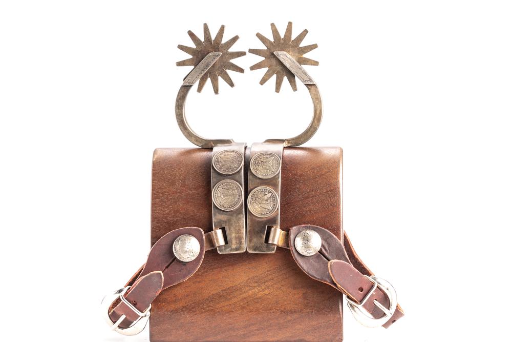 Pair of double mounted Spurs by Oklahoma Bit and Spur Maker Steve Barnard, with very desirable Marfa: Pair of double mounted Spurs by Oklahoma Bit and Spur Maker Steve Barnard, with very desirable Marfa drop shanks mounted with silver one dollar coin conchos and hand engraved scroll on opposite heel b