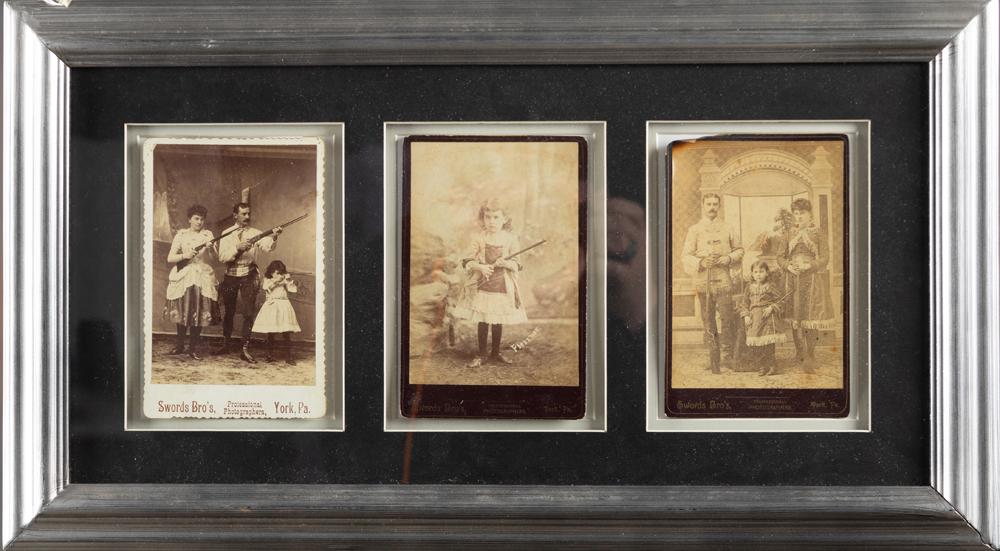 Framed collection of vintage Cabinet Cards of Shooters and Wild West Performers. These Cabinet Cards: Framed collection of vintage Cabinet Cards of Shooters and Wild West Performers. These Cabinet Cards showing the performers using Winchesters. The little girl is using a Stevens Single Shot Pistol wit
