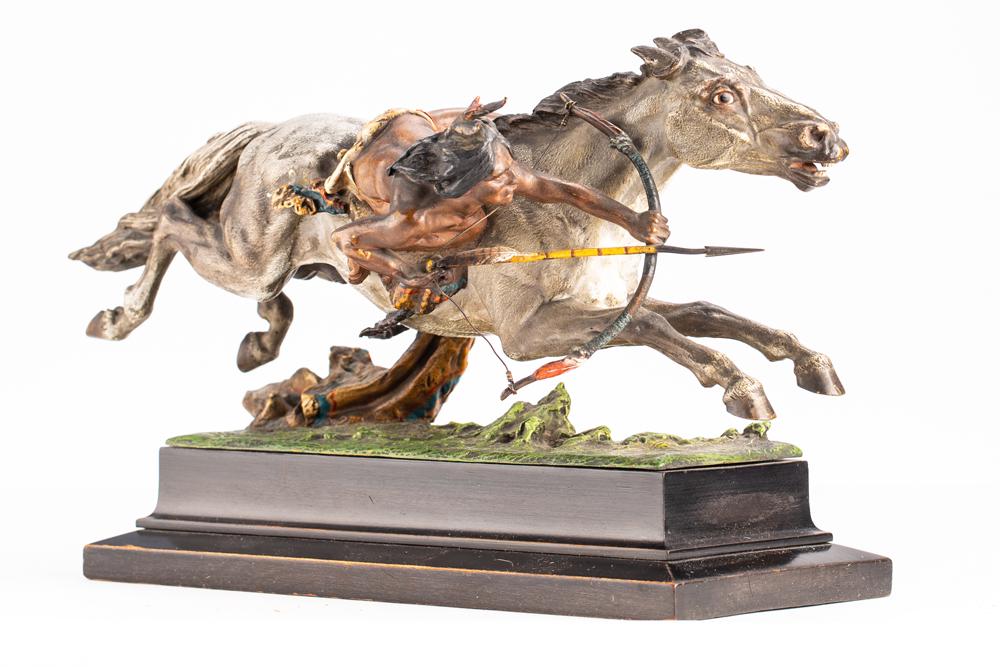 Cold painted Bronze Sculpture believed to be by an Austrian artist, fantastic detail. Bronze is of: Cold painted Bronze Sculpture by Franz Bergman (1838-1894), "the Cheyenne". Fantastic detail. Bronze is of Indian with bow and arrow on galloping horse. Bronze measures 7 1/2" T x 9 3/4" L x 4 1/2" W,