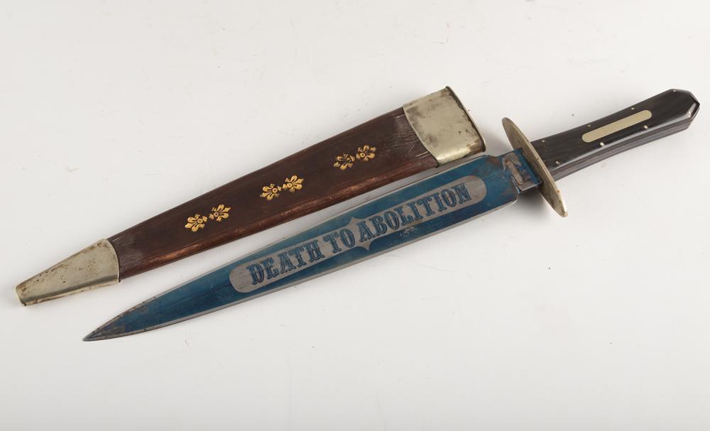 Large Spear Point Bowie, ricasso is marked "J. Baxter, Sheffield", 11" blade, overall 15 3/4" with: Large Spear Point Bowie, ricasso is marked "J. Baxter, Sheffield", 11" blade, overall 15 3/4" with oval silver cross guard, horn handle with 8 German silver pins. Blade has large portion of original f
