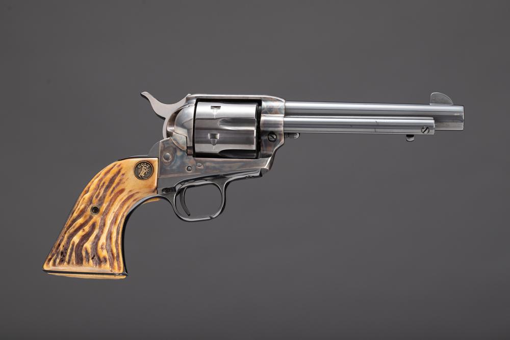 Colt Single Action Army Revolver, SN SA62982 in .44 SPL caliber, manufactured circa 1982. This is a: Colt Single Action Army Revolver, SN SA62982 in .44 SPL caliber, manufactured circa 1982. This is a 6-shot revolver with a 5 1/2” barrel, blue finish and jigged bone grips with deep set medallio