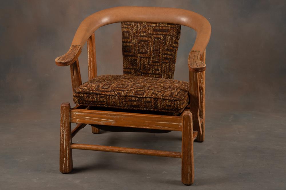 Set of 4 vintage Ranch Oak Arm Chairs, possibly Stickley-Brandt, Ft. Worth. Two are upholstered in: Set of 4 vintage Ranch Oak Arm Chairs, possibly Stickley-Brandt, Ft. Worth. Two are upholstered in the same fabric, two are upholstered in a different fabric. Good sound condition. WILL BE SOLD AS A S
